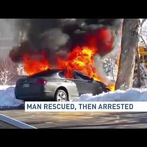 Man rescued from burning car, then arrested for DWI - YouTube