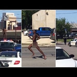 Naked man holds up traffic as he jumps on police car then runs away streaking - YouTube
